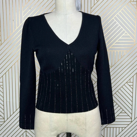 St. John Evening Sequin Black Santana Knit V-Neck Sweater Size‎ US 2 - Picture 1 of 12